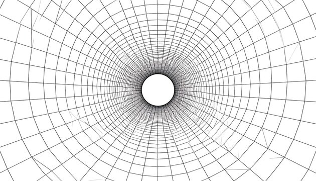 A grid tunnel perspective, a grayscale graphic. A cylinder shape diminishes toward a bright center. Light and dark lines define the form