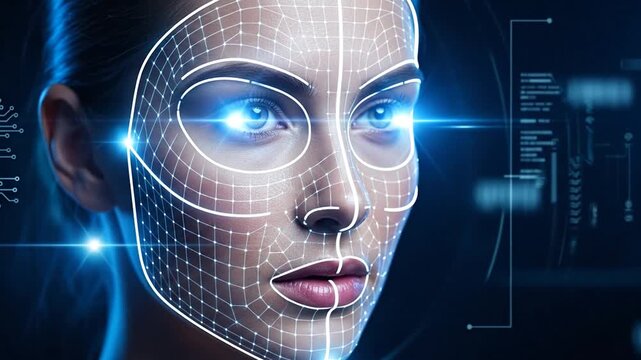 Future face scan unlocks biometric ID for beautiful woman