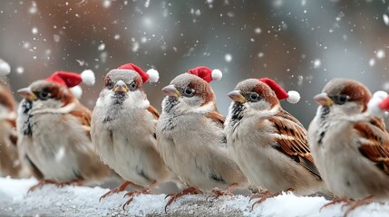 Adorable christmas sparrows wearing red santa hats sitting together in falling snow, cute winter birds celebrating merry christmas and happy new year in a festive holiday scene with frosty atmosphere 