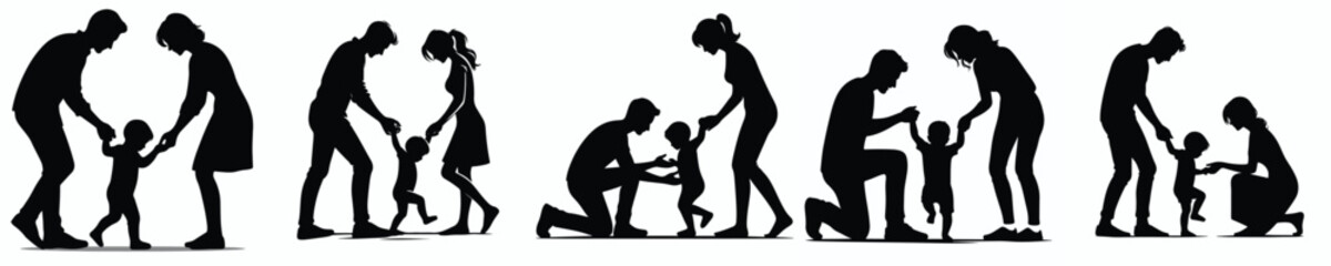 vector silhouette of parents teaching their child to walk