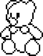 Fototapeta premium Pixelated plush bear outline drawing retro pixel art cute toy, black and white simple design for coloring or digital games