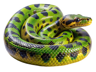 Fototapeta premium Green anaconda snake coiled serpentine reptile detailed close-up studio portrait