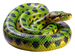 Green anaconda snake coiled serpentine reptile detailed close-up studio portrait
