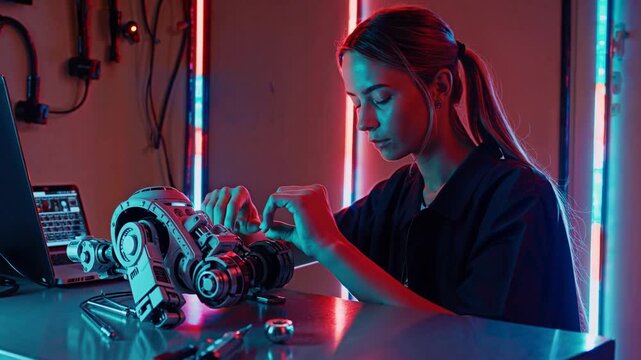 Ing&eacute;nieure robotique travaillant sous n&eacute;ons bleus et roses