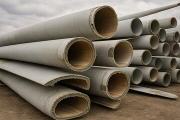 Stacked sections of dismantled wind turbine blades lay outdoors under cloudy skies, showing rough fiberglass edges