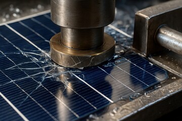 Hydraulic press crushes damaged solar panel, fracturing glass surface during recycling process in factory setting