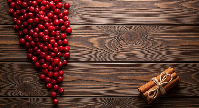 Overhead shot of red cranberry and cinnamon sticks tied with string on rustic brown wood, symbolizing natural flavors, aroma, holiday spirit, spices