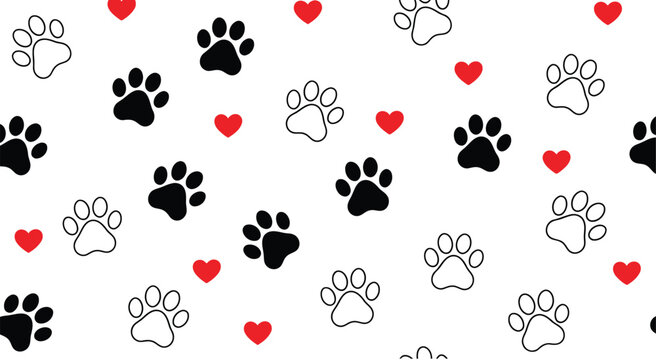 Adorable seamless pattern featuring black and white pet paw prints and loving red hearts on a white background