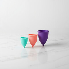 Colorful menstrual cups on a marble background with copy space