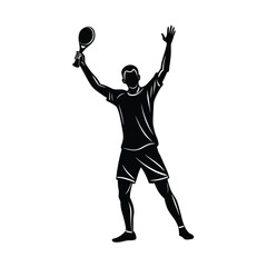 Silhouette of a tennis player with arms raised in victory