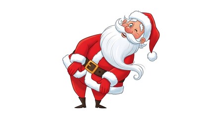 Cartoon Santa Claus leaning sideways with a playful expression, dressed in his red suit and hat, standing on a clean white background.