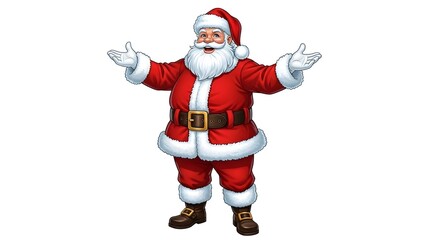 Cartoon Santa Claus smiling with open arms, wearing his classic red suit, black belt, and boots, standing joyfully on a white background.