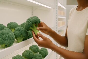 A person selecting fresh broccoli in a well-lit grocery store aisle, showcasing healthy and green produce options