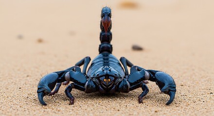 Black scorpion with raised tail on sand arachnid insect