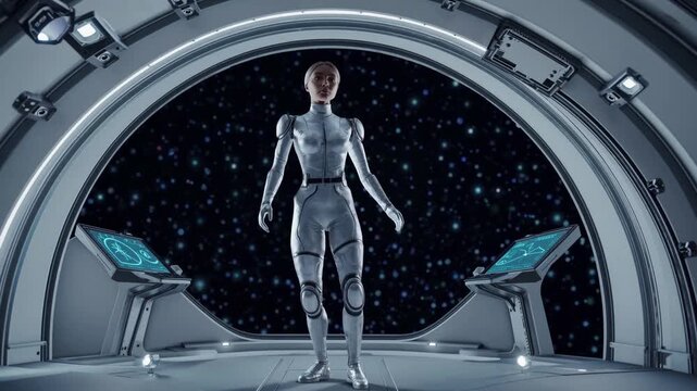 Astronaute debout face &agrave; l&rsquo;espace dans une station futuriste