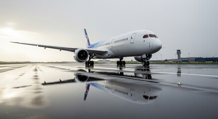 Fototapeta premium Modern Commercial Airliner on Wet Runway with Clear Reflection A professional, low-angle photograph of a modern, white and blue livery commercial passenger jet