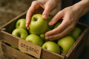 Fresh green apple being picked from a rustic wooden crate labeled organic, symbolizing natural and healthy fruit choices