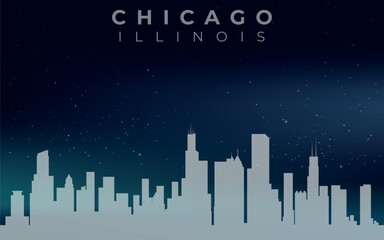 Fototapeta premium Silhouette of Chicago, Illinois, against a night sky with stars. Characteristic high-rise buildings are visible, including, presumably, the Willis Tower.