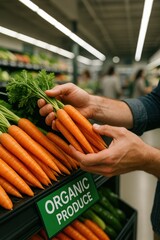 Male hands selecting fresh organic carrots in supermarket produce aisle with vegetables and greens in the background