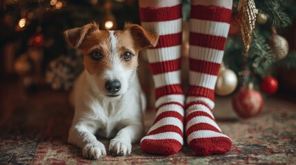 Cozy christmas scene with jack russell terrier and little girl in red and white striped socks sitting by the festive new year tree, warm holiday atmosphere with cute pet and holiday decorations in a b