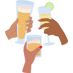 Three diverse hands raising glasses filled with frothy beer and champagne with a lime garnish for a celebratory toast and cheers event