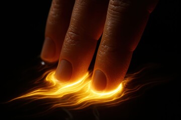 Close-up of fingers pressing down on glowing orange light trails, symbolizing futuristic biometric access through heat-sensitive technology