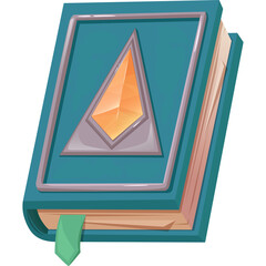 Teal Book With Glowing Orange Crystal Emblem And Green Bookmark On White Background Isolated Object