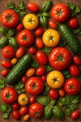 Various tomatoes and cucumbers arranged with green herbs on a rustic brown surface, top-down view