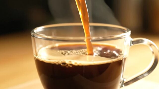 Dynamic Close-Up of Rich Aromatic Coffee Streaming into a Glass Mug, Creating Steam and Foam