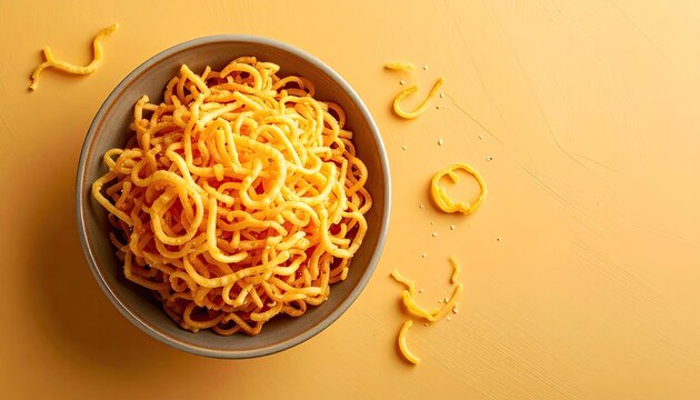Overhead view of crispy golden murukku snack in a rustic bowl with a plain orange background and scattered murukku pieces and glitter
