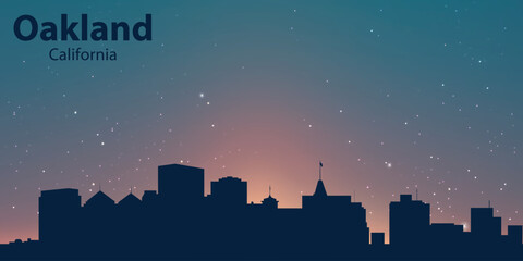 The skyline of Oakland, California, against the backdrop of an evening or morning sky with a gradient from blue to orange. There are also several small white dots imitating stars.