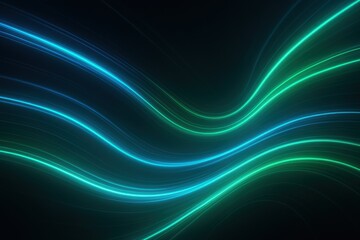 Abstract glowing blue and green lines flow smoothly over a black background, creating a futuristic and dynamic energy wave