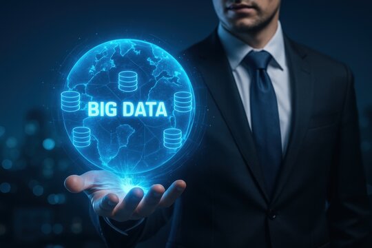 A businessman in a suit holds a glowing globe labeled big data, representing digital transformation, cloud storage, and global information networks