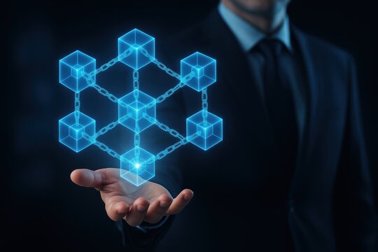 A businessman in a dark suit presenting a glowing blockchain network composed of connected cubes in virtual space