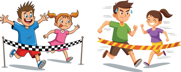 Cartoon children racing to finish line, running competition, speed motion, happy kids, sports activity, outdoor fun, colorful illustration, teamwork concept