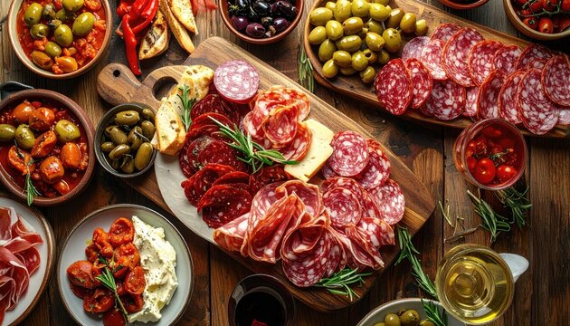 Gourmet Charcuterie Board Feast with Olives Antipasti and Cured Meats.