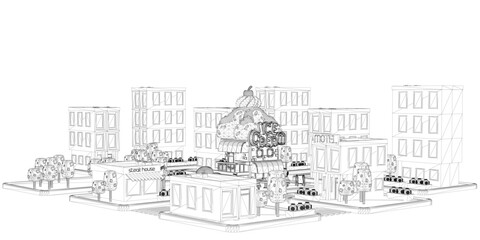 A wireframe town illustration features buildings, trees, and people with an ice cream shop. The detailed black and white cityscape stands out against a stark white background.