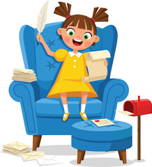Cartoon girl writing letters with quill, cozy armchair scene, creative storytelling, mailbox delivery, playful communication, colorful illustration, fantasy moment