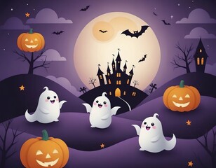 Dolci fantasmi davanti a un castello e una luna piena gialla, paesaggio fiabesco di Halloween.