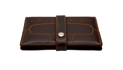 a brown leather wallet with a strap, displayed in a professional and sleek manner