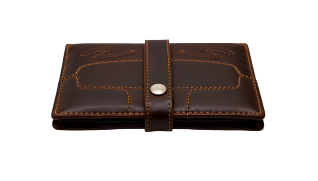 a brown leather wallet with a strap, displayed in a professional and sleek manner
