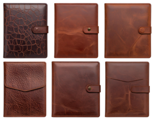 Brown leather passport cover set including smooth, pebbled, and distressed textures