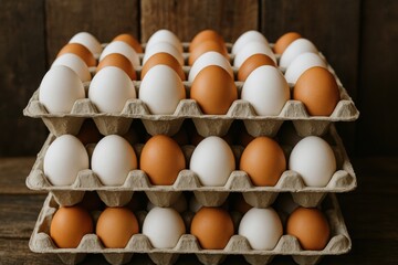 Closeup of brown and white chicken eggs neatly arranged in cardboard trays on rustic wooden table