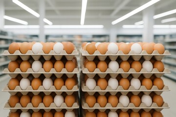 Large stacks of brown and white eggs in trays arranged for sale inside a bright modern supermarket