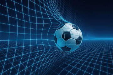 Soccer ball distorts digital grid net in a futuristic scene, symbolizing technology blending with modern sports