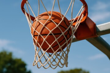 Close-up of basketball swishing through the net outdoors, captured under clear blue sky on sunny day