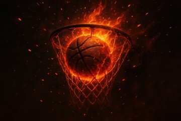 Fiery basketball bursts through the hoop, surrounded by flames and sparks, representing intense sports energy