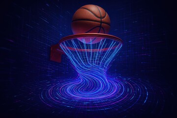 Basketball enters hoop as a vortex swirls behind, blending motion, energy, and surreal futuristic design