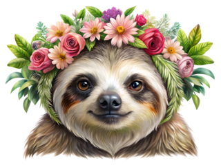 Adorable sloth head adorned with a vibrant flower crown a whimsical creature image