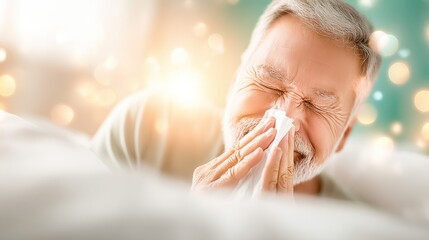Naklejka premium An elderly man sits on a bed, sneezing into a tissue while surrounded by soft lighting in a comfortable room.